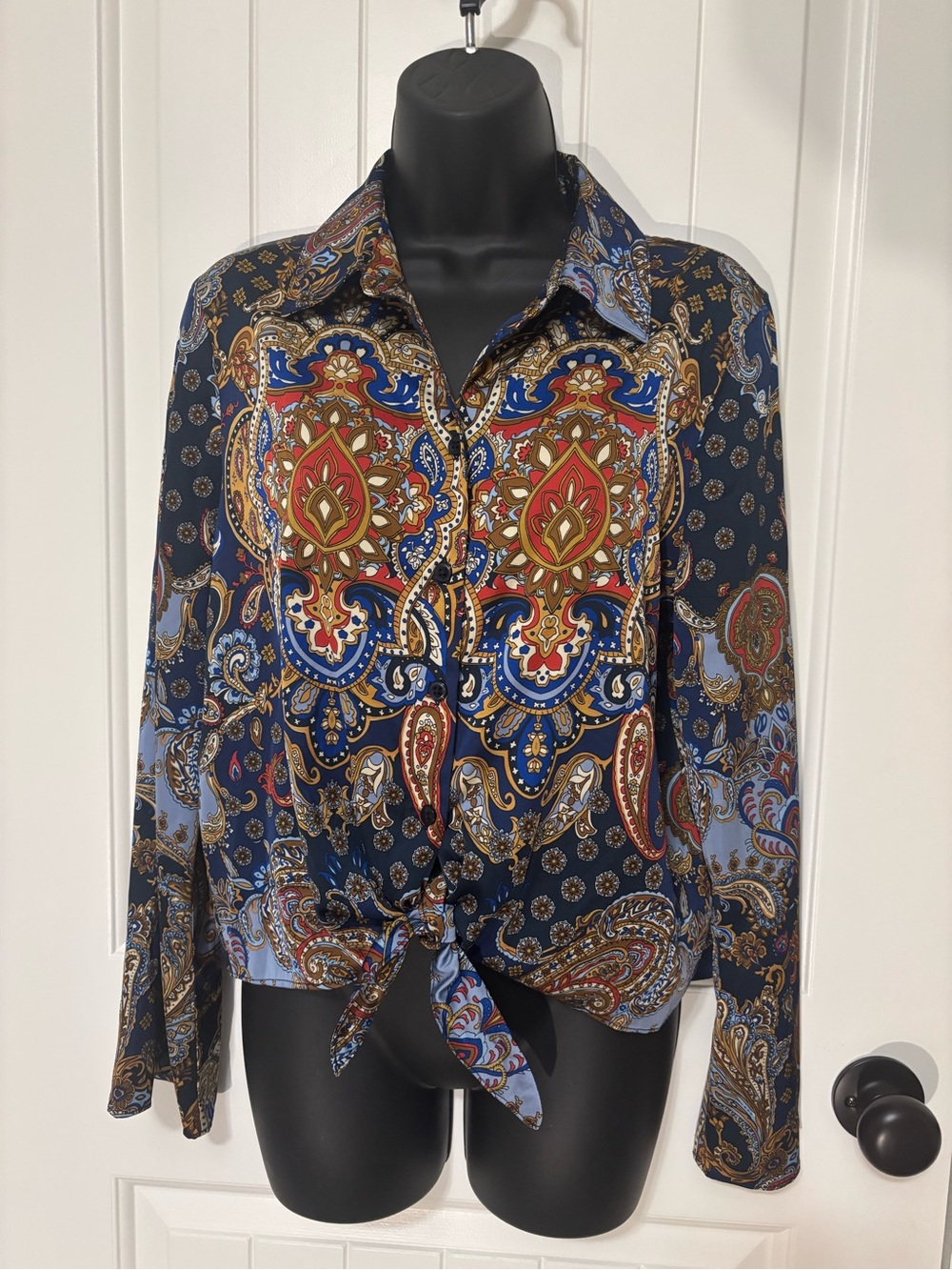 Rachel Zoe Navy Multi Paisley Button-Front Tie Hem Shirt